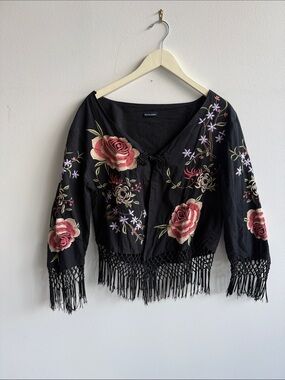 Boston Proper Black Embroidered Floral Fringe Jacket